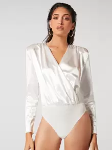 BizChic Satin Long Sleeve Bodysuit Workwear - White - View 4