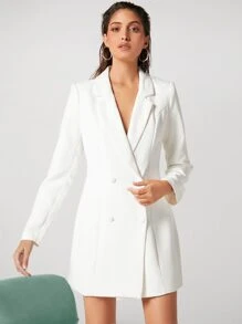 SHEIN BIZwear Women's Lapel Double-Breasted Blazer Dress, Work Uniform Elegant Office Wear Long Sleeve Fall - White - View 3