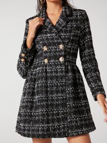 BizChic Plaid Pattern Lapel Neck Double Breasted Tweed Dress - Black - View 5