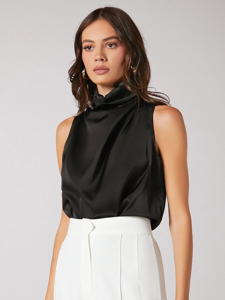 BizChic Keyhole Back Draped Front Top Workwear - Black - View 1