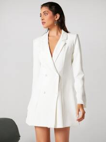 SHEIN BIZwear Women's Lapel Double-Breasted Blazer Dress, Work Uniform Elegant Office Wear Long Sleeve Fall - White - View 4