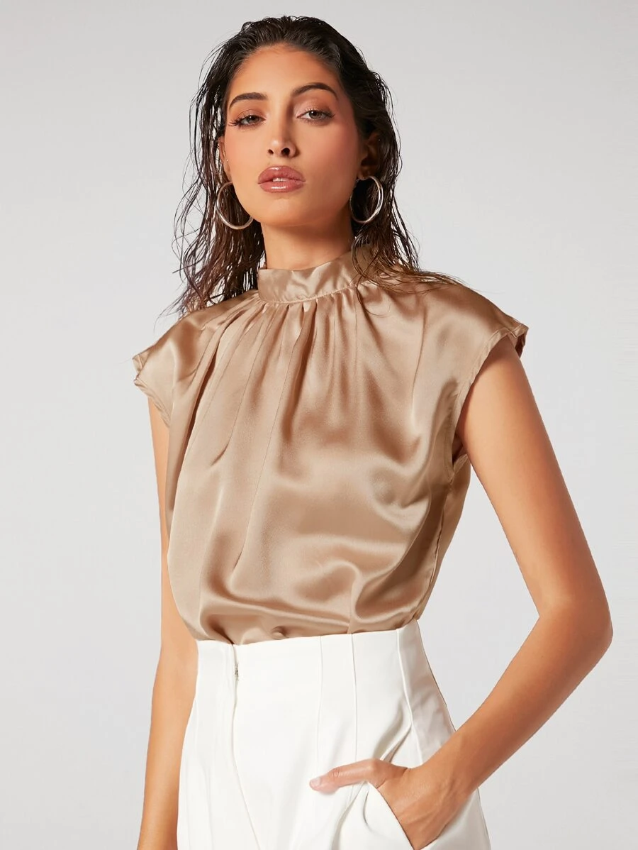 BizChic Tie Back Cap Sleeve Satin Top Workwear - Apricot - View 1