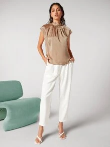 BizChic Tie Back Cap Sleeve Satin Top Workwear - Apricot - View 3