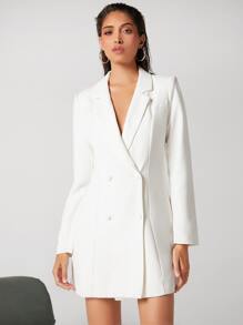 SHEIN BIZwear Women's Lapel Double-Breasted Blazer Dress, Work Uniform Elegant Office Wear Long Sleeve Fall - White - View 5