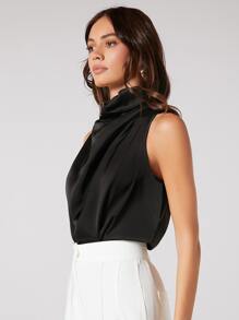 BizChic Keyhole Back Draped Front Top Workwear - Black - View 5