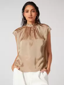 BizChic Tie Back Cap Sleeve Satin Top Workwear - Apricot - View 4