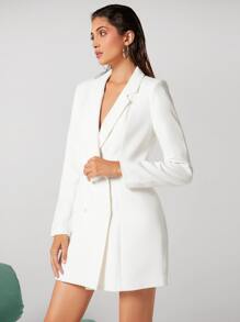 SHEIN BIZwear Women's Lapel Double-Breasted Blazer Dress, Work Uniform Elegant Office Wear Long Sleeve Fall - White - View 6