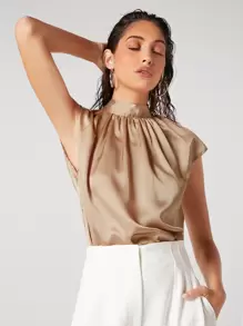 BizChic Tie Back Cap Sleeve Satin Top Workwear - Apricot - View 5