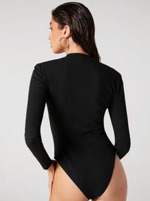 BizChic Cotton Zipper Front Solid Bodysuit Workwear - Black - View 2