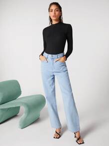 BizChic Cotton Zipper Front Solid Bodysuit Workwear - Black - View 3