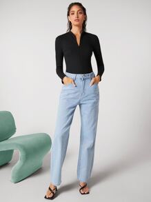 BizChic Cotton Zipper Front Solid Bodysuit Workwear - Black - View 4