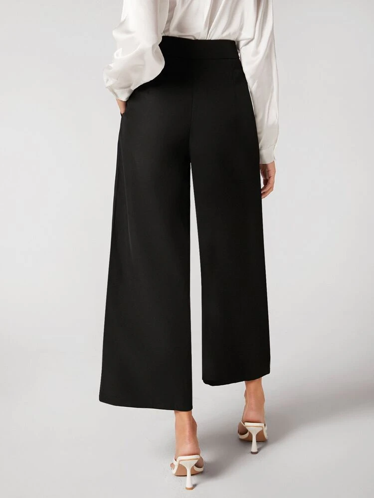 Women's Black Wide Leg Cropped Pants, Business Casual Trousers For Office Wear, Autumn/Winter