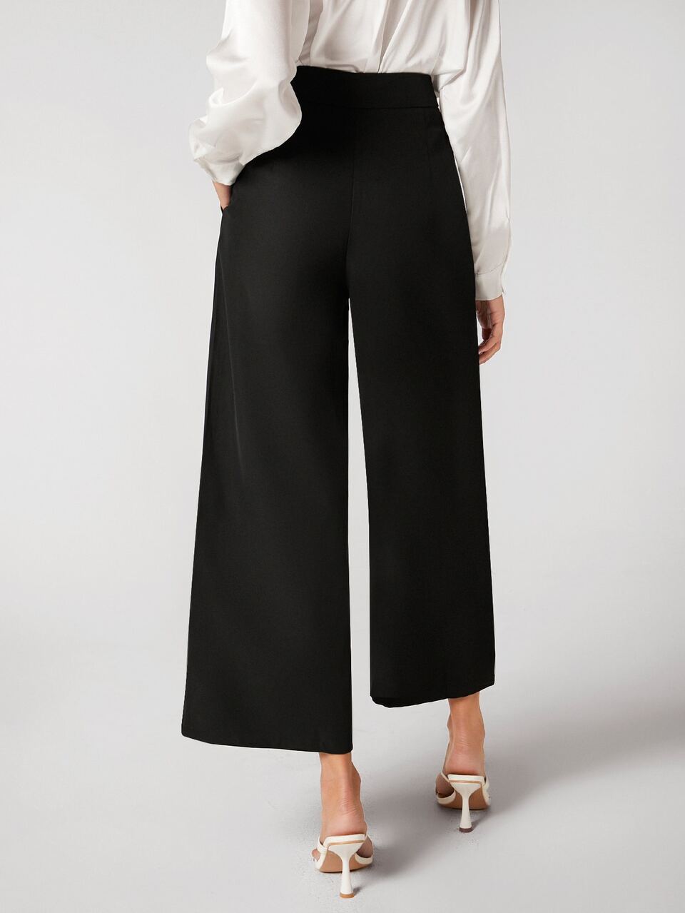 Women's Black Wide Leg Cropped Pants, Business Casual Trousers For Office Wear, Autumn/Winter