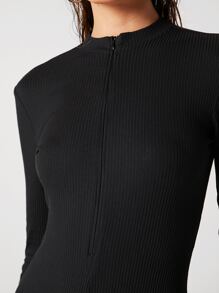 BizChic Cotton Zipper Front Solid Bodysuit Workwear - Black - View 6