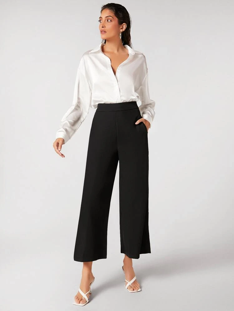 Women's Black Wide Leg Cropped Pants, Business Casual Trousers For Office Wear, Autumn/Winter