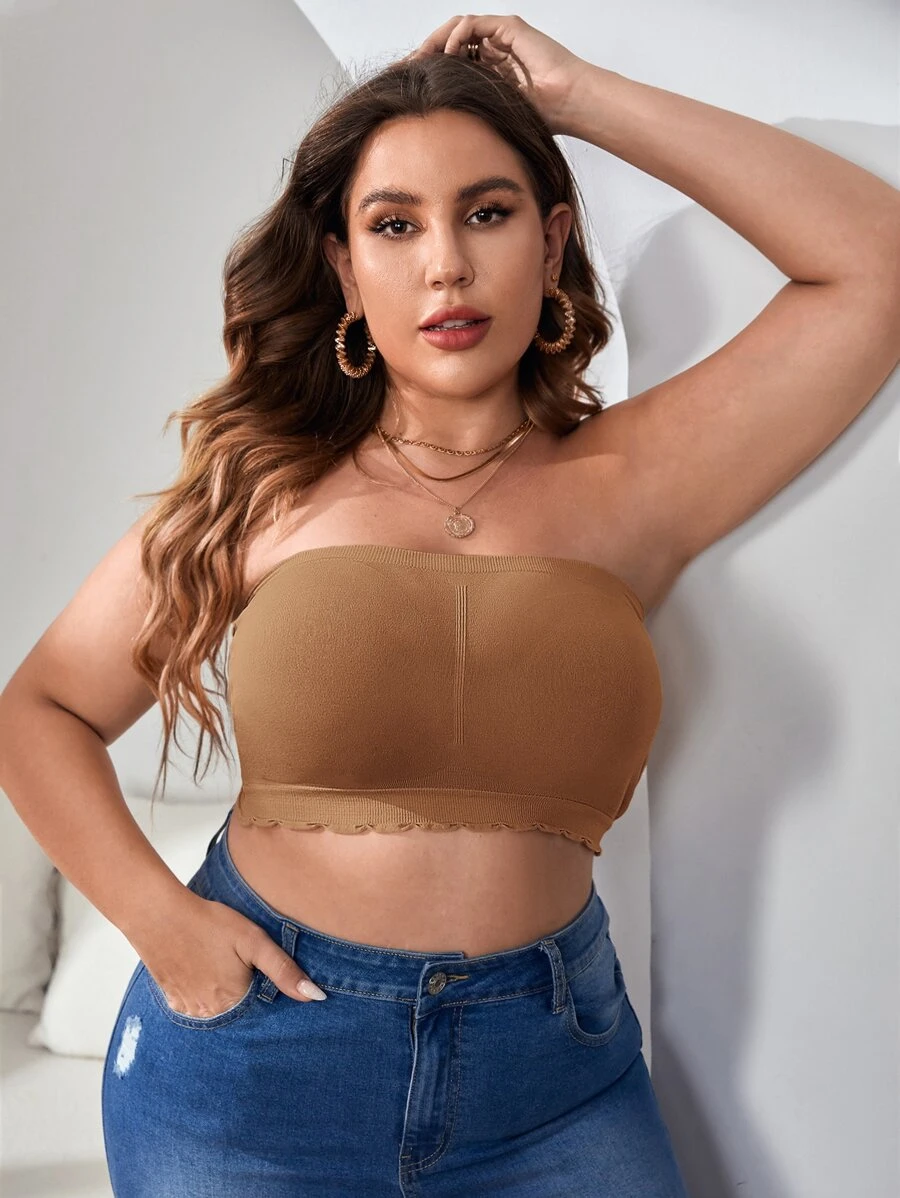 Plus Scallop Trim Bralet - Brown - View 1