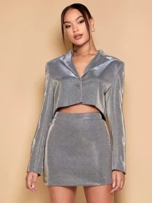 SHEIN BAE 西裝領短款金屬亮絲西裝外套和裙子