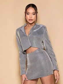 SHEIN BAE 西裝領短款金屬亮絲西裝外套和裙子