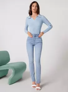 BizChic Jersey tejido de canalé unicolor escote V - Neblina azul - Ver 1