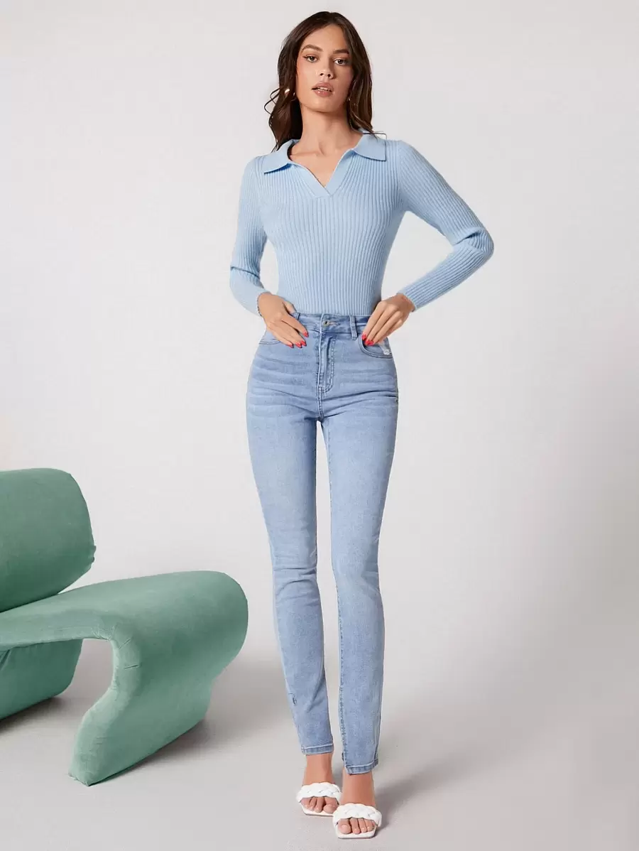 BizChic Jersey tejido de canalé unicolor escote V - Neblina azul - Ver 1