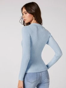 BizChic Jersey tejido de canalé unicolor escote V - Neblina azul - Ver 2