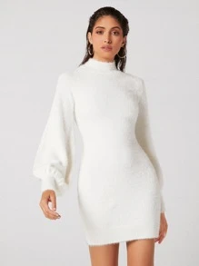 BizChic 小高領燈籠袖毛茸茸毛衣裙