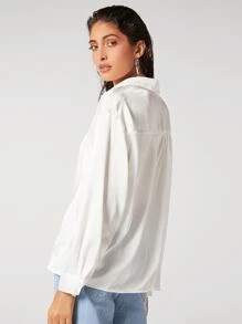 BizChic Drop Shoulder Button Front Satin Shirt Workwear - White - View 2