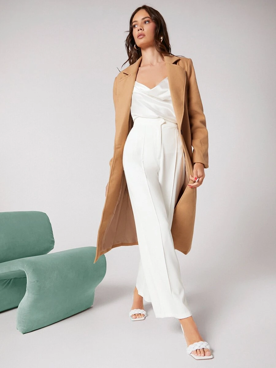 BizChic Notched Collar Single Button Overcoat Workwear Fall Women Outfits Long Sleeve - Camel - View 1