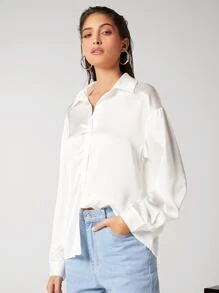 BizChic Drop Shoulder Button Front Satin Shirt Workwear - White - View 7