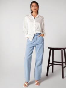 BizChic Drop Shoulder Button Front Satin Shirt Workwear - White - View 4