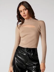 BizChic Cut Out Detail Rib Knit Sweater - Khaki - View 4