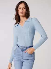 BizChic Jersey tejido de canalé unicolor escote V - Neblina azul - Ver 4