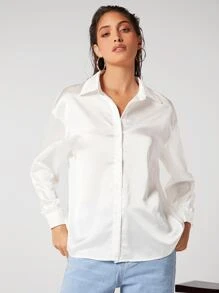 BizChic Drop Shoulder Button Front Satin Shirt Workwear - White - View 5