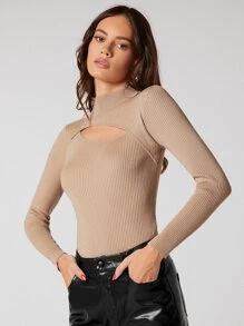 BizChic Cut Out Detail Rib Knit Sweater - Khaki - View 5