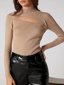BizChic Cut Out Detail Rib Knit Sweater - Khaki - View 6