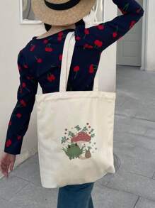 輕便商務休閒青蛙和蘑菇印花帆布包、帆布購物袋、手提包適合青少年女大學生、菜鳥和白領,非常適合辦公室、大學、工作、商務、通勤、戶外、旅行、郊遊、購物蘑菇袋、新奇包、完美的最佳惡作劇和有趣的禮物。 - 米色 - 查看 2