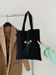 休閒風菊花印花手提購物袋，畢業生、十幾歲的女孩、新生、大二、大三、大四以及中學、大學、高中學生專用。適用於戶外、旅行和返校，適用於小學、中學、高中、學校袋、便攜式、大容量，適用於十幾歲的女孩、女性大學生，適用於辦公室、大學、小學、中學、高中、工作、商務、通勤、購物、假日 - 黑色 - 查看 4