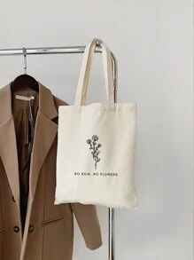 Floral & Slogan Graphic Shopper Bag - Beige - View 2