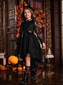 SHEIN Tween Girl Asymmetrical Hem Belted Lace Dress - Black - View 3