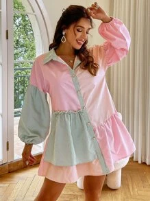 Simplee Lantern Sleeve Colourblock Striped Shirt Dress - Multicolor - View 1