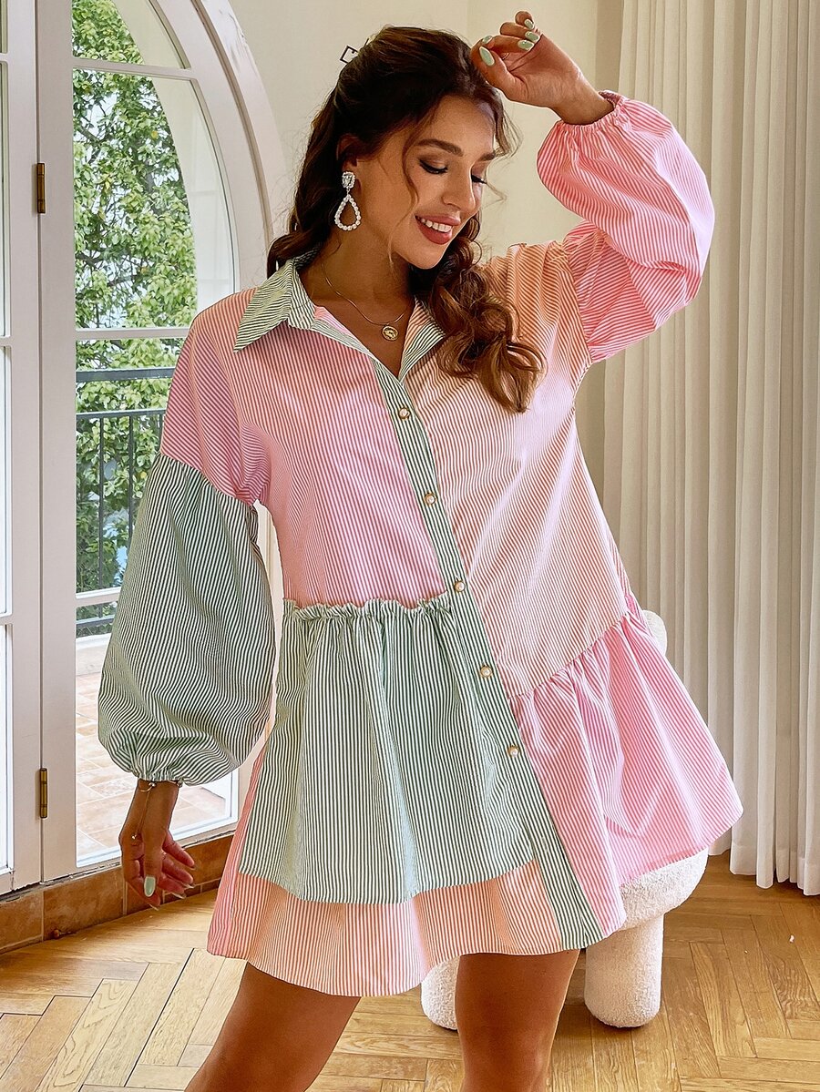 Simplee Lantern Sleeve Colourblock Striped Shirt Dress - Multicolor - View 1