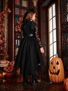 SHEIN Tween Girl Asymmetrical Hem Belted Lace Dress - Black - View 2