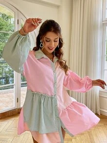 Simplee Lantern Sleeve Colourblock Striped Shirt Dress - Multicolor - View 3