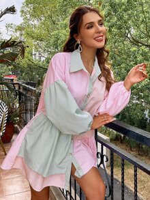 Simplee Lantern Sleeve Colourblock Striped Shirt Dress - Multicolor - View 4