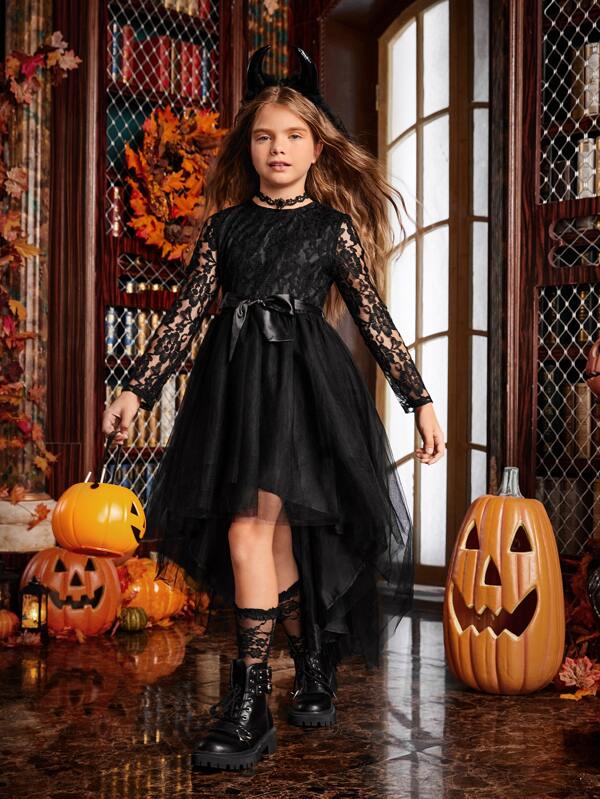 SHEIN Tween Girl Asymmetrical Hem Belted Lace Dress
