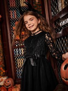SHEIN Tween Girl Asymmetrical Hem Belted Lace Dress - Black - View 4