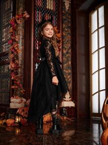 SHEIN Tween Girl Asymmetrical Hem Belted Lace Dress - Black - View 5