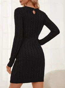 SHEIN Frenchy Guipure Lace Panel Keyhole Back Cable Knit Jumper Dress - Black - View 2