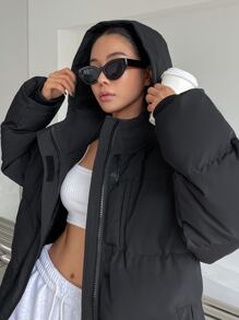 DAZY Slant Pockets Drawstring Hooded Padded Thick Pockets Coat, Women Winter Coat