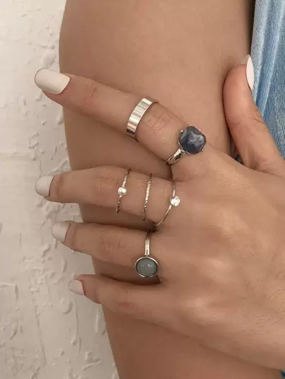 SHEIN VCAY 6pcs Faux Pearl & Rhinestone Decor Ring